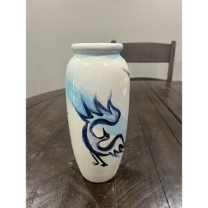 Blue White Bird Vintage Ceramic‎ Vase Hand painted Signed SY